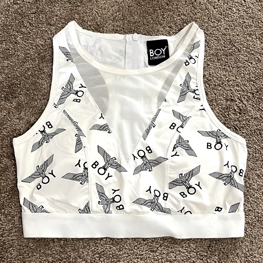 Boy London white & black logo print racerback crop top sz large